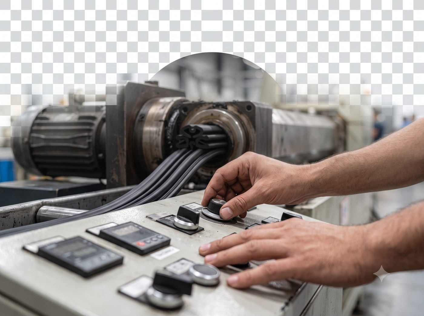 Operator at the control panel of an Echo Polymer rubber extrusion line