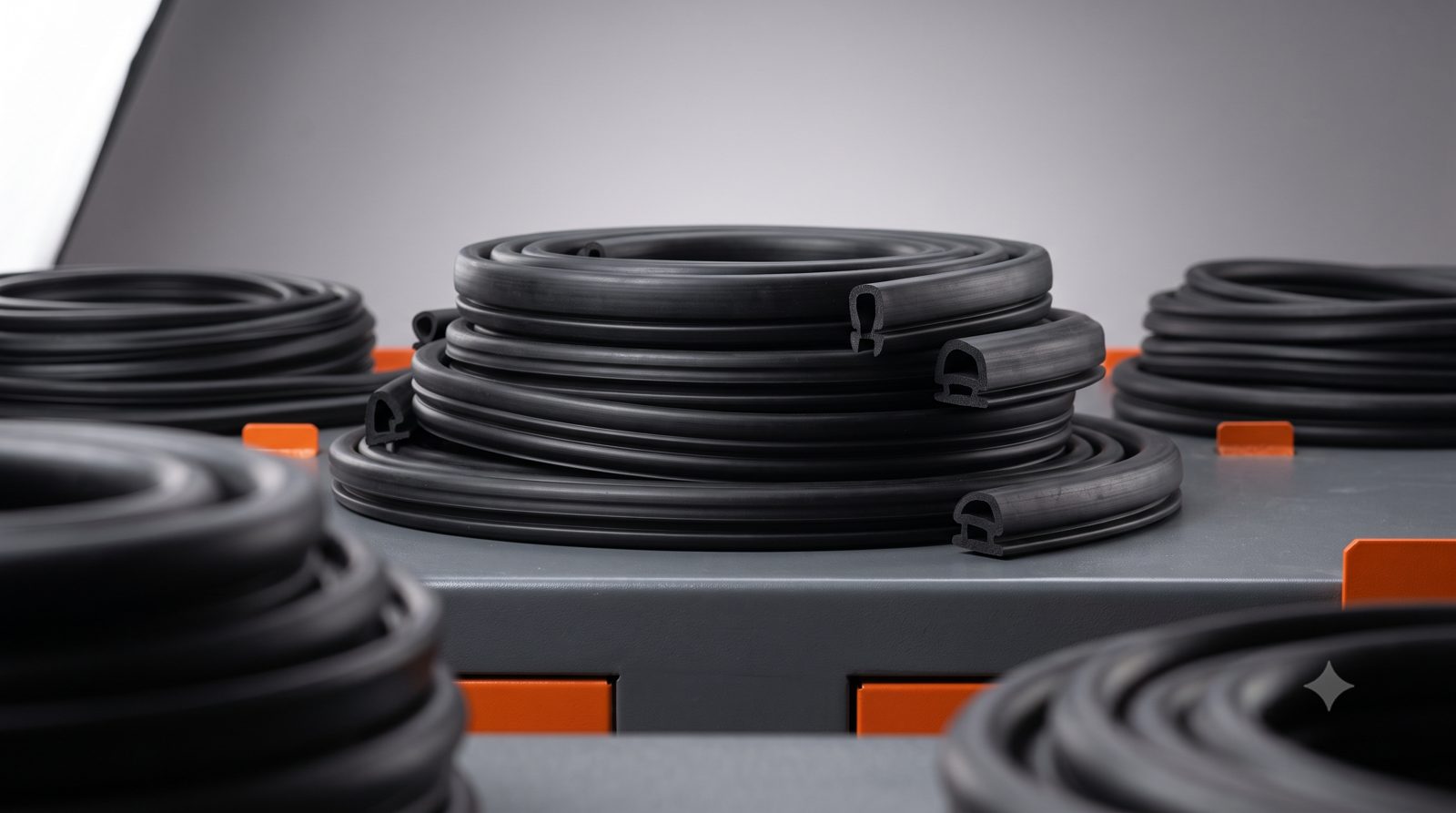 Coils of custom extruded EPDM rubber sealing profiles stacked on a factory pallet