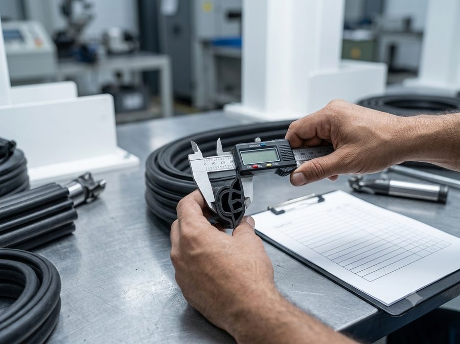 Technician measuring a rubber profile with a vernier caliper during inspection